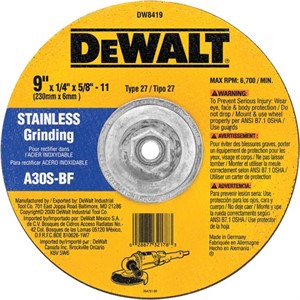 Picture of DW8419 DeWalt Bonded Abrasive,9"x1/4"x5/8"-11 Stainless Steel Grinding Wheel